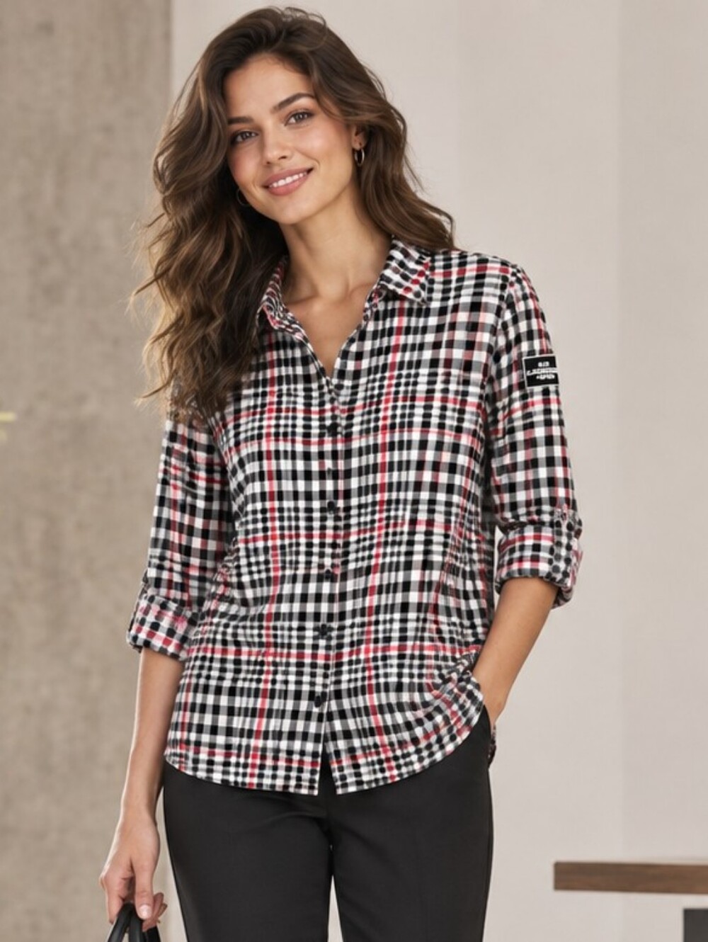 Karl Lagerfeld Paris (125$) Black White Red Gingham Plaid Button-Down Shirt |L|
